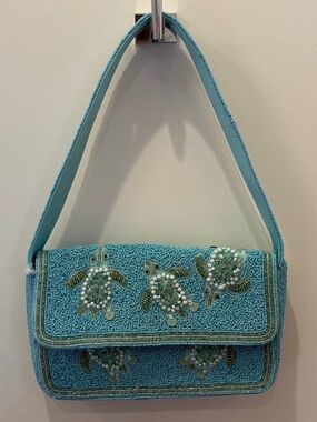 NWT made in India Aqua hand Beaded Turtle shoulder Bag